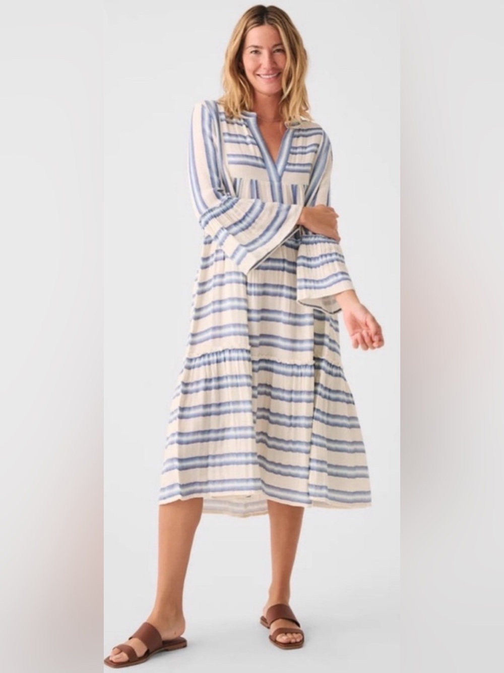 Faherty Vida V-Neck Midi Dress in Baja Blue Stripes 100% Organic Cotton Medium